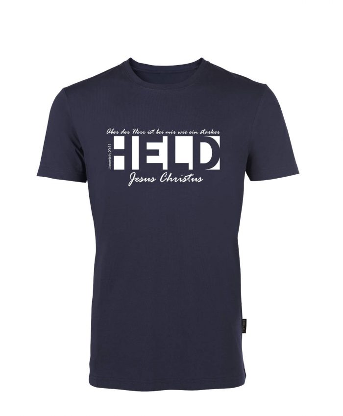 101-Navy-Vorne-013 Jeremia 20, 11 - Ein starker Held - Bio-Shirt Männer rundhals – Bild 1