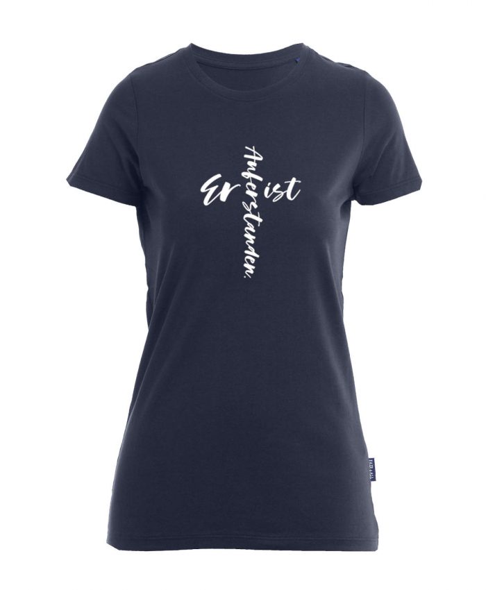 201-navy-Vorne-006 Er ist auferstanden - Kreuz Motiv - Bio-Shirt Frauen rundhals – Bild 1