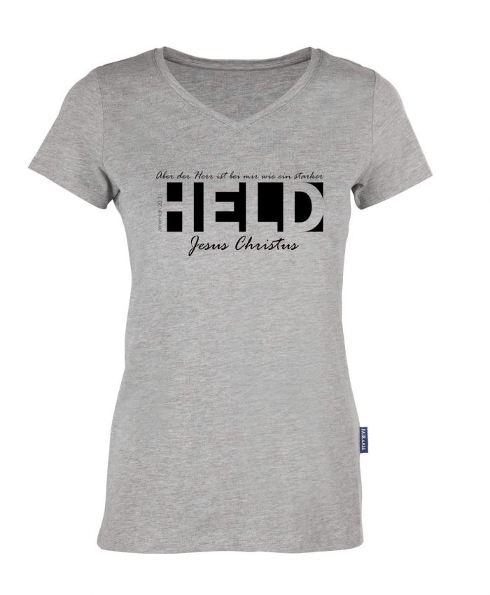 202-grau-mel-Vorne-012 Jeremia 20, 11 - Ein starker Held - Bio-Shirt Frauen V-Ausschnitt – Bild 1